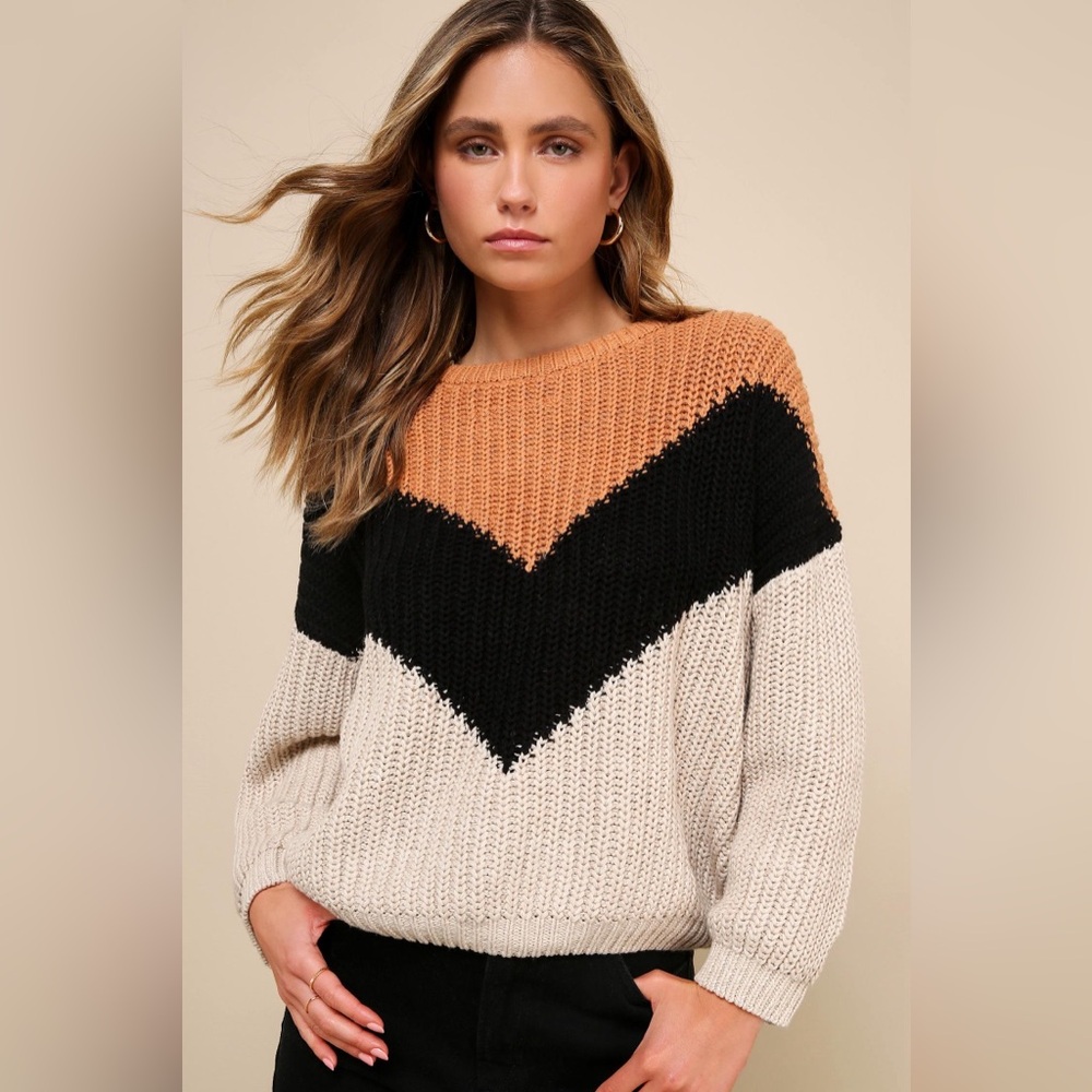 Lulus Autumn Leaves Tan Multi Chevron Stripe Knit Sweater